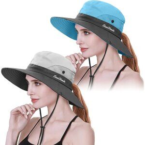 Women's Beige & Blue Set Of 2 Wide Brim Mesh Boonie With Chin Strap Cowboy Hats